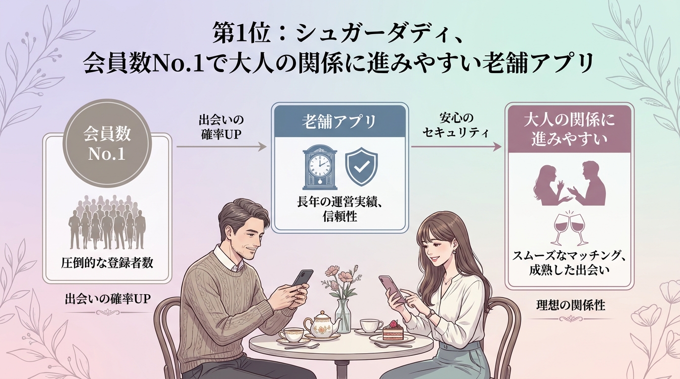 第1位：シュガーダディ、会員数No.1で大人の関係に進みやすい老舗アプリ