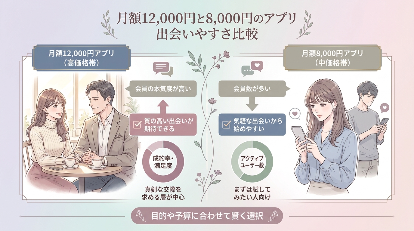 月額12,000円のアプリと8,000円のアプリで出会いやすさを比較